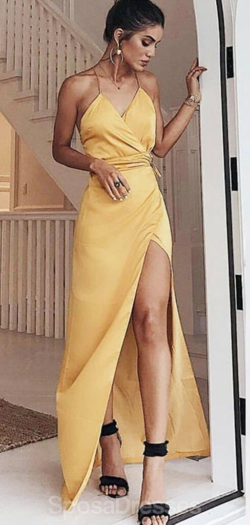 Σέξυ Halter Yellow Side Slit Μακρά φθηνά βραδινά φορέματα, Βραδινά φορέματα, 12347