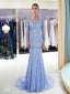 Manches longues bleu sirène lourdement perlé robes de bal de soirée, robes de bal de soirée, 12057