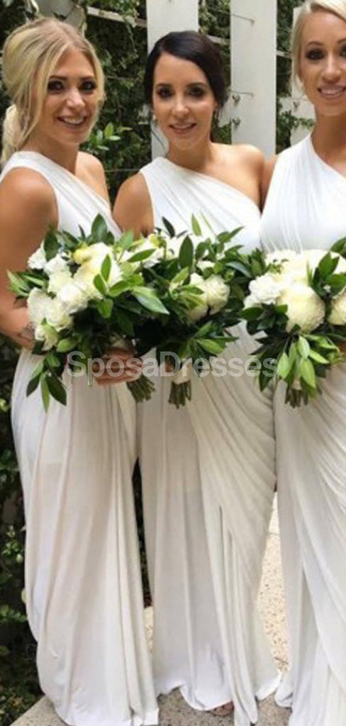 Ένας ώμος μακριά λευκά μακριά φορέματα παράνυμφων σε απευθείας σύνδεση, φθηνά φορέματα παράνυμφων, WG708