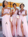 Σέξυ πλευρική σχισμή με μανίκι Ροζ μακρύ φόρεμα μακράς παράνυμφης, WG233