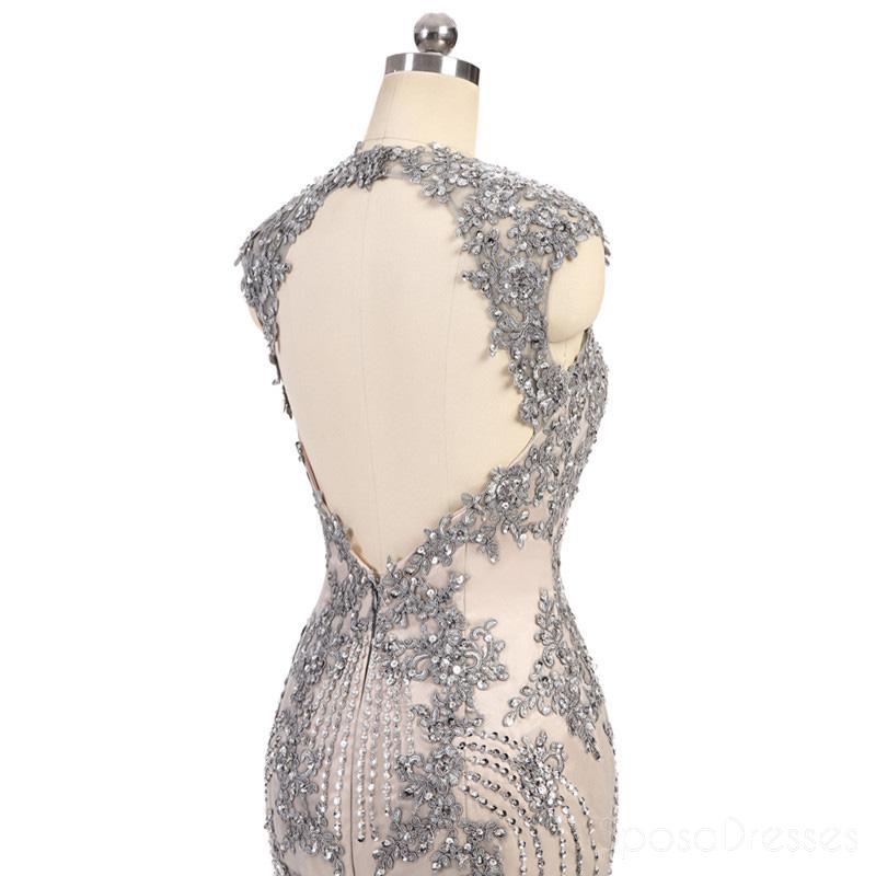 Καπάκι μανίκια δαντέλα χάντρες γκρι γοργόνα μακρύ βράδυ prom φορέματα, φτηνά γλυκά 16 φορέματα, 18363