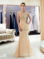 Gold Rhinestone Cap-Sleeves Heavily Beaded Mermaid Evening Prom Φορέματα, Βραδινά Πάρτι Prom Φορέματα, 12042