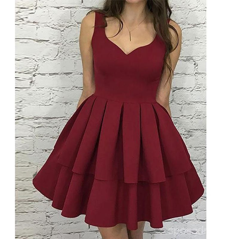 Απλό σκούρο κόκκινο φόρεμα με λαιμόκοψη, λαιμόκοψη 2018, CM470
