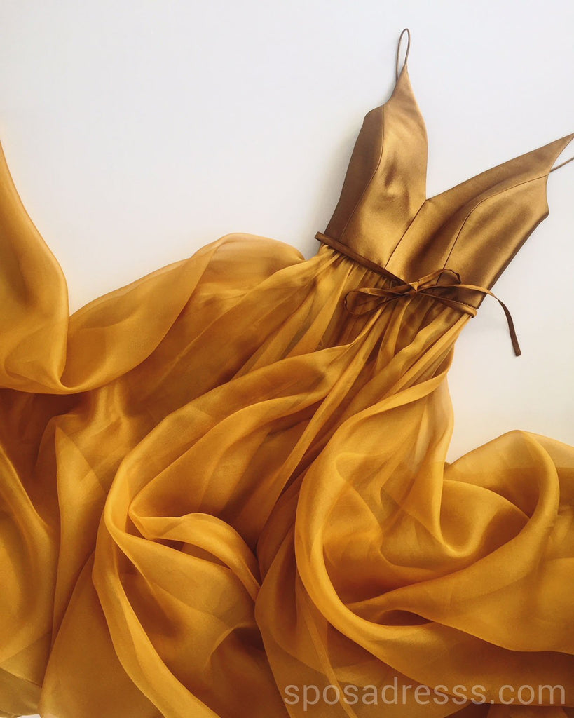 Einfache V-Ausschnitt Gold A-Linie lange Abend Prom Kleider, billige benutzerdefinierte Sweet 16 Kleider, 18565