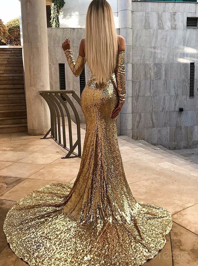 Sparkly Gold Sequin Long Slein Mermaid Evening Prom Dresses, Cheap Custom Sweet 16 Φορέματα, 18539