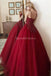 Rouge foncé bretelles spaghetti dentelle perlée A-ligne longues robes de bal de soirée, robes de soirée de bal, 12315