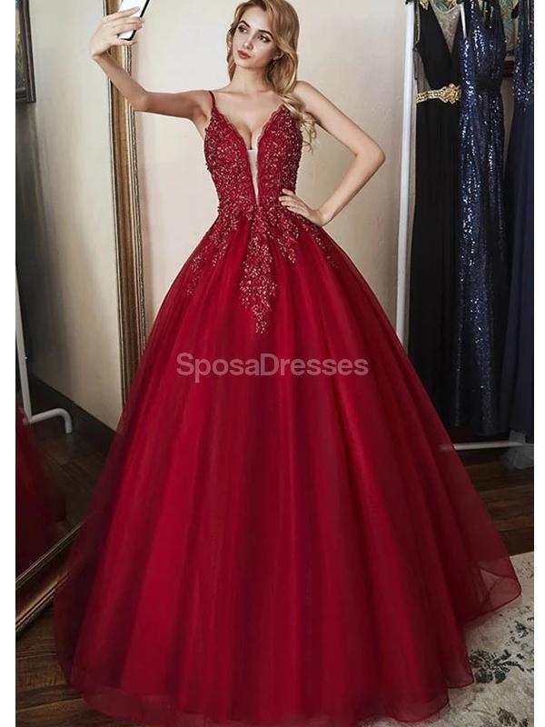 Rouge foncé bretelles spaghetti dentelle perlée A-ligne longues robes de bal de soirée, robes de soirée de bal, 12315