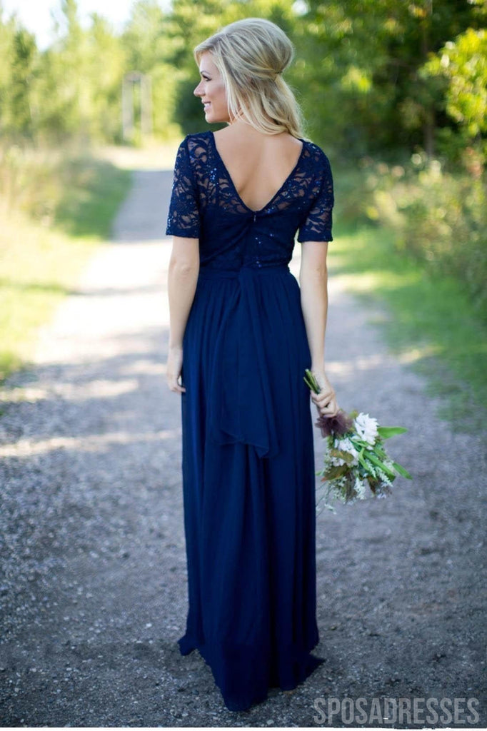 1/2 Long Sleeves Navy Lace Long Bridesmaid Dresses Online, WG789