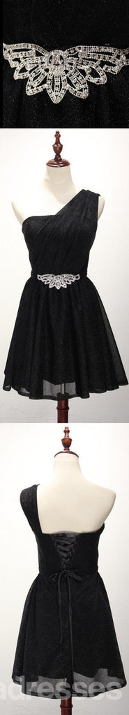 Une Épaule Noir Homecoming Robes de Bal Abordables de soirée Courte Dos de Corset Robes de Bal, Parfait Robes de bal, CM230