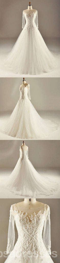 Long Sleve Empire Waist Lace Beaded Wedding Dresses, Προσαρμοσμένο σε νυφικά, Cheap γαμήλια νυφικά Gowns, WD226