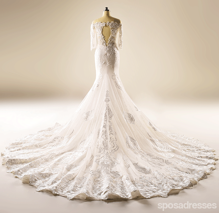 Long lacet de sirène de manche robes de mariée perlées, robes de mariée faites personnalisées, robes de mariée de mariage abordables, WD228