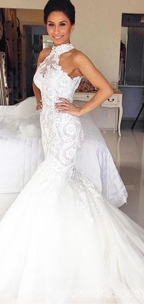 Custom Halter Lace Beaded Γοργόνα Φθηνά Γαμήλια Φορέματα Online, WD422