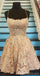 Gold Lace Cross Back Short Homecoming Φορέματα Σε Απευθείας Σύνδεση, Φθηνά Φορέματα Μικρού Χορού, CM840