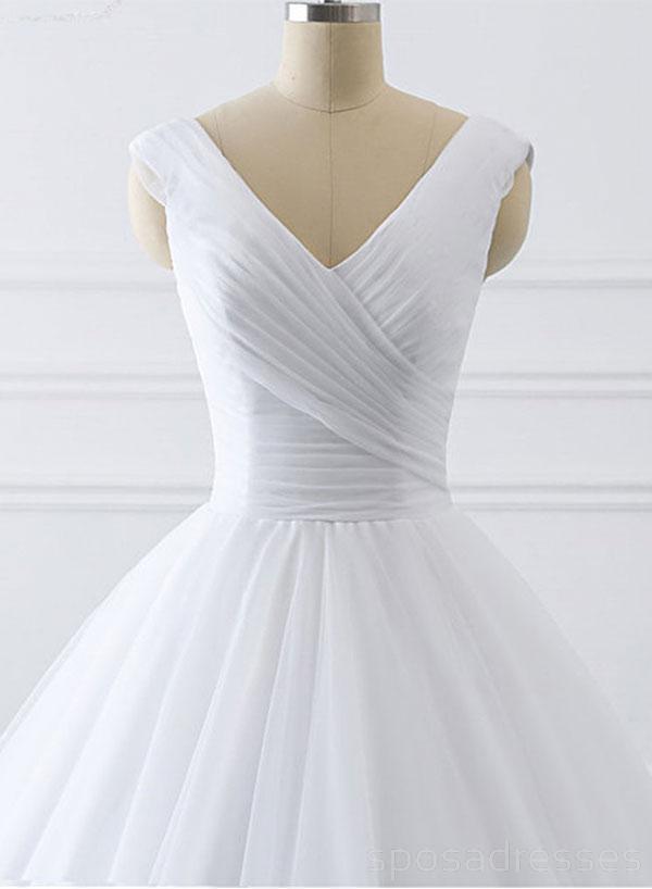 Branco V pescoço Tulle Vestidos de Noiva Baratos Online, Vestidos de Noiva barato a-line, WD464