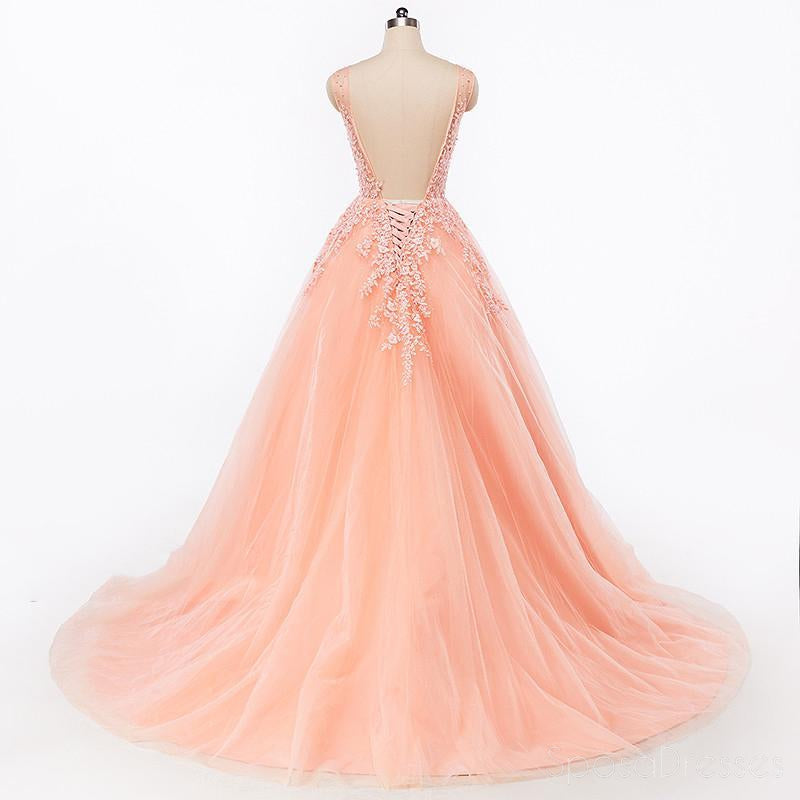 Sexy Backless V Neckline Lace Une ligne Peach Long Evening Prom Dresses, Popular Cheap Long 2018 Party Prom Dresses, 17227