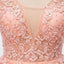 Sexy Backless V Neckline Lace A line Ροδάκινο μακρά βραδινά φορέματα Prom, δημοφιλή φθηνά φορέματα πάρτι 2018 μακριά, 17227