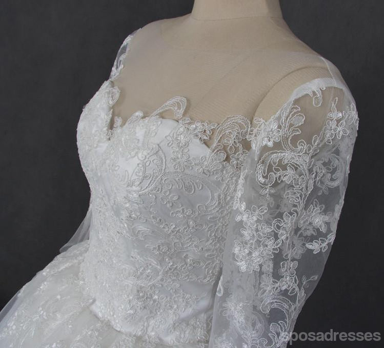 Cadarço de manga longo de vestidos de casamento de tule de ombro, vestido de casamento longo feito alfandegário, vestidos de casamento baratos, WD201