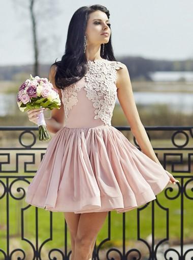 Dusty Pink High Neck Chiffon Φτηνά Κοντά Φορέματα Homecoming Online, CM622