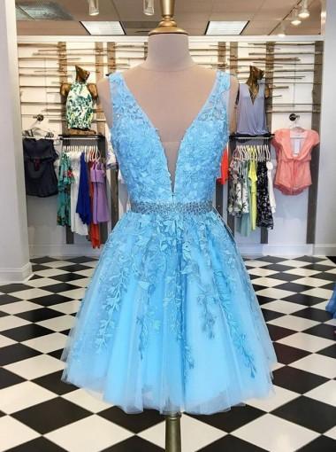 V Neck Blue Lace barato Homecoming vestidos curtos on-line, CM663