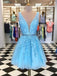 V Neck Blue Lace barato Homecoming vestidos curtos on-line, CM663