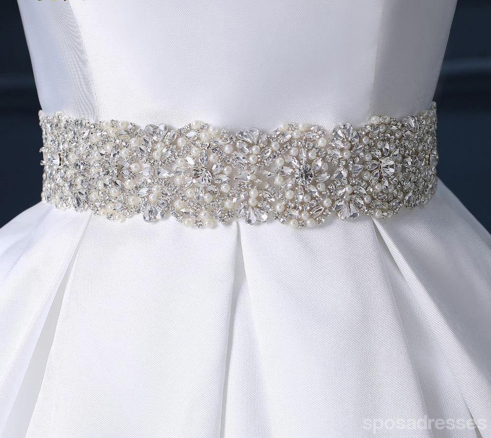 Rückenfrei Weiß Scoop Ausschnitt Perlen Schärpe A-Linie Hochzeit Brautkleider, Günstige maßgeschneiderte Hochzeits-Braut-Kleider, WD261