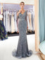 Mangas compridas Cinza Strass Fortemente Beaded Mermaid Evening Prom Dresses, Evening Party Prom Dresses, 12038