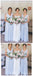 Robes de demoiselle d'honneur pas cher en mousseline de soie bleu col en V longues en ligne, WG673
