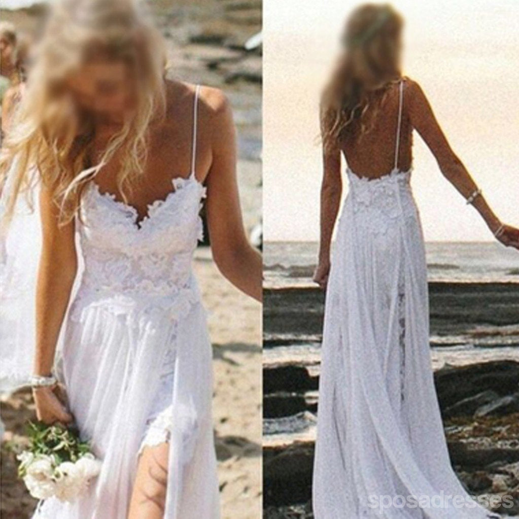 Espaguete simples vestidos de casamento de fenda de lado de cadarço brancos de casamento de praia, WD0047
