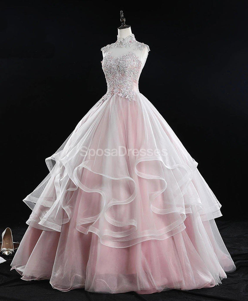 Ροζ υψηλό ντεκολτέ δαντέλα χάντρες βολάν μακρύ βράδυ Prom φορέματα, Βραδινό Κόμμα Prom Φορέματα, 12219