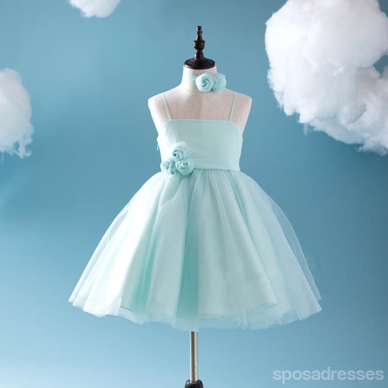 Süße Tiffany Blue Spaghetti Tulle Satin Blumenmädchen Dresses, Billig beliebte kleine Mädchen Dresses, FG050