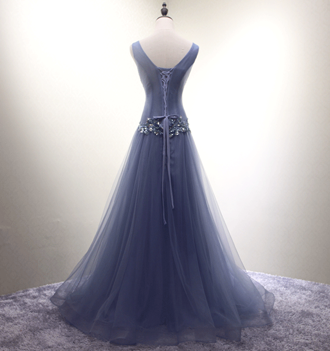 O Decote em V Empoeirado Azul Frisado de Uma linha Longa Noite Vestidos de Baile, 17620