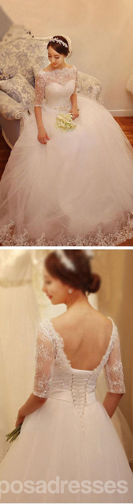 Ilusão metade de cadarço de manga vestidos de casamento de tule enfeitados com contas, vestido de noiva de cadarço de vantagem, WD0005