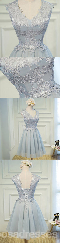 Popular V Neckline Gray Lace Tulle Short Homecoming Prom Dresses, Affordable Short Party Prom Sweet 16 Dresses, Perfeito Homecoming Cocktail Dresses, CM365