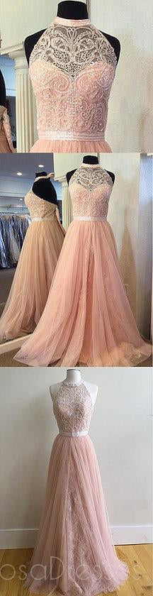 2018 Blush Pink Halter Lace a perlé de longues robes de bal personnalisées, 17412