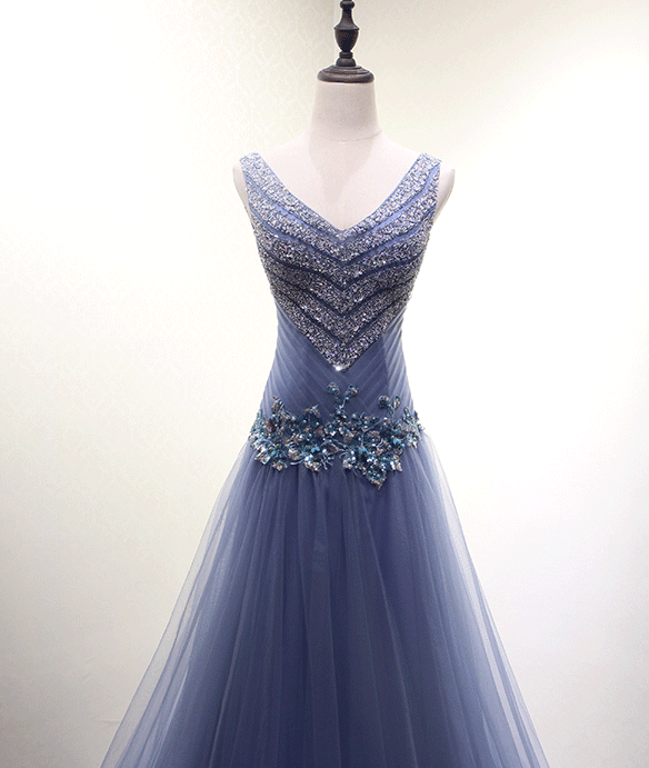 V-Neck Dusty Blue perlée A-ligne longues robes de bal de soirée, 17620