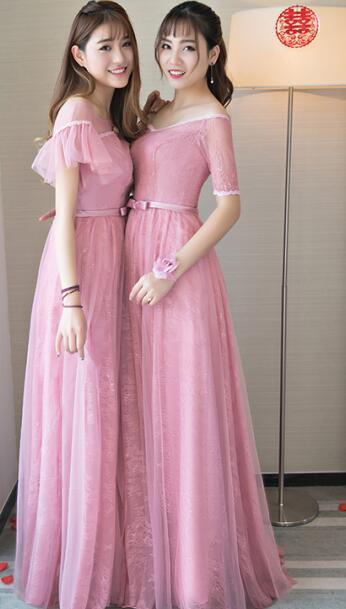 Colheres de dama de honor longa de renda rosa, vestidos de dama de honor longa personalizados incompatíveis, vestidos de dama de honor barata, BD004