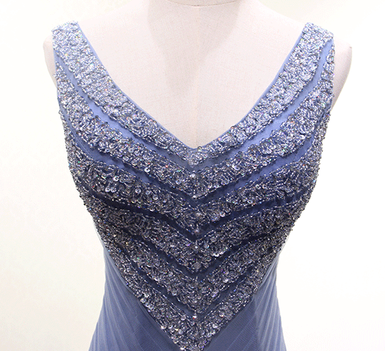 V-Neck Dusty Blue perlée A-ligne longues robes de bal de soirée, 17620