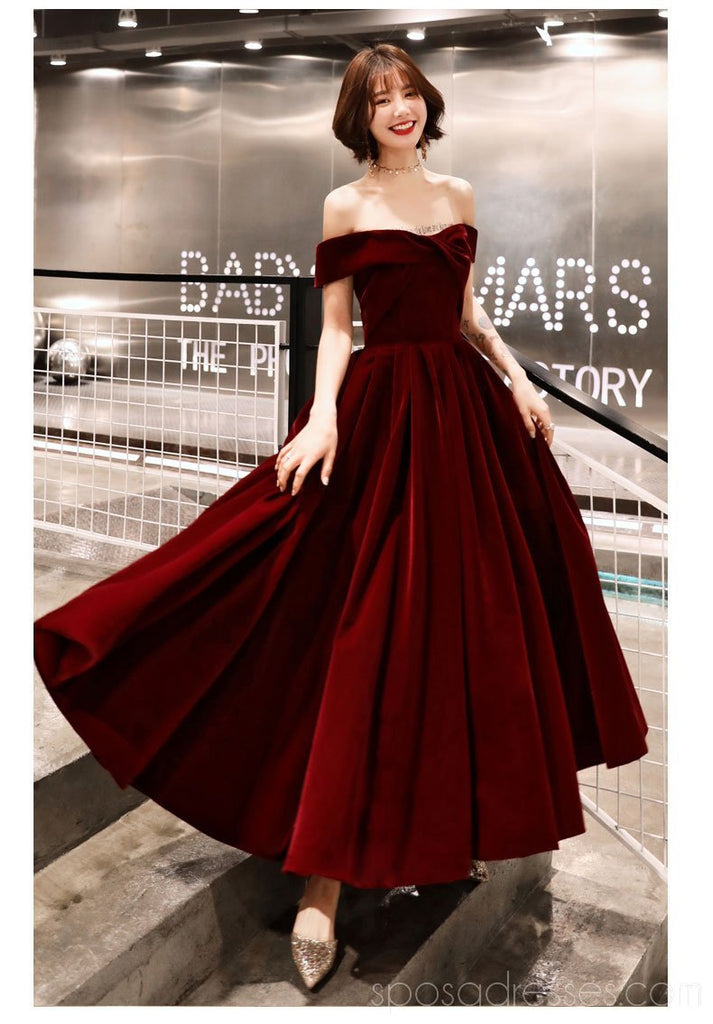 Robes de soirée pas cher à épaules dénudées simples rouge foncé en ligne, robes de bal courtes pas chères, CM776