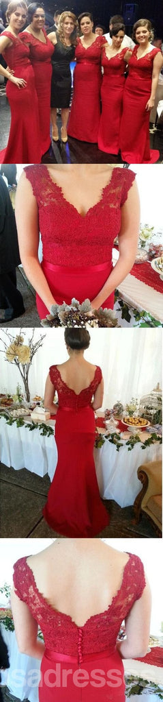 Cadarço vermelho de sereia de gola V de ombro que muito tempo encanta vestidos de dama de honra sexy baratos, WG53