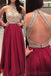 Arrière licol ouvert sexy deux longues robes de bal d'étudiants du soir personnalisées perlées rouge foncé, 17481