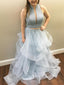 Sexy Two Pieces High Neck Blue Pale A line Long Prom Dresses, 17532