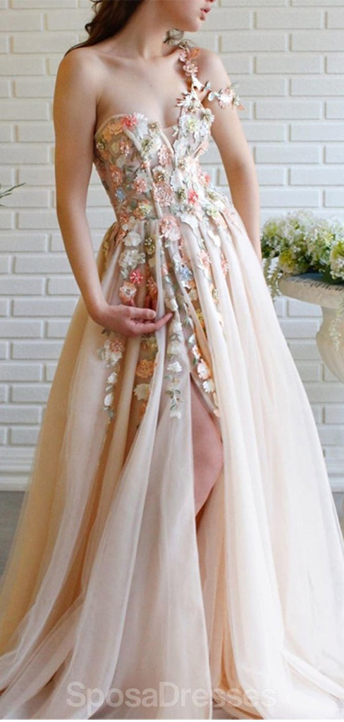 Cute One Shoulder Lace Flower Long Cheap Evening Prom Robes, Evening Party Prom Dresses, 12351