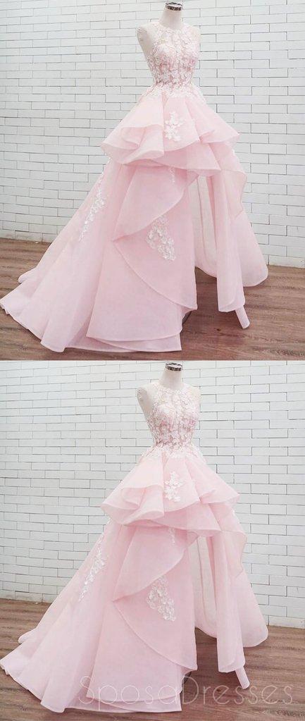 Halter δαντέλα υψηλή χαμηλή ροζ organza μακρά βράδυ prom φορέματα, φτηνές custom γλυκό 16 φορέματα, 18461