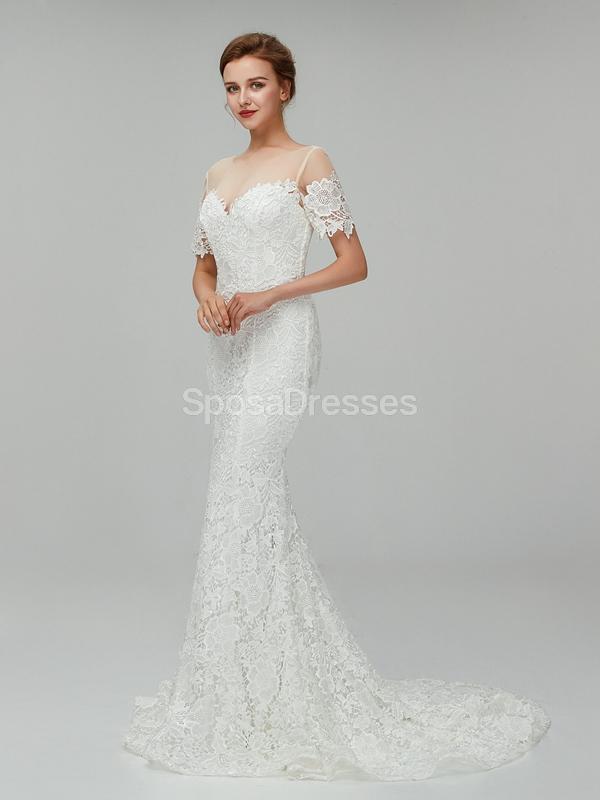 Sereia de cadarço de mangas curta casamento barato decora vestidos de casamento online, baratos, WD557