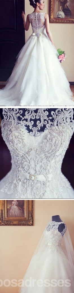Υψηλός-Ποιοτικά Μακρά A-line Δαντέλα Αμάνικο Φορέματα Γάμου με Μαργαριτάρια, WD0056