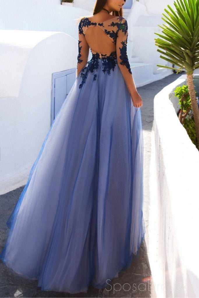 Sexy See Through Blue Lace Long Sleeve Open Back Custom Long Evening Prom Dresses, 17482