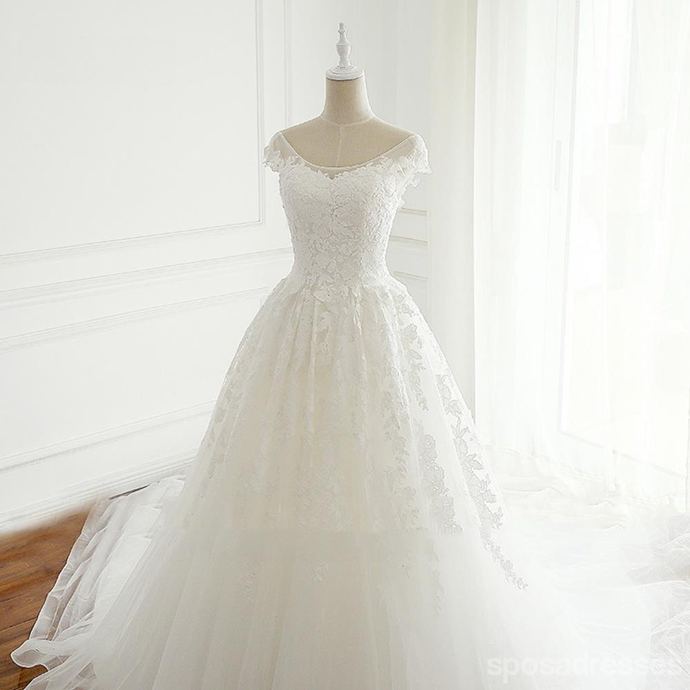 Scoop Cap Sleeve Neckline Lace A ligne Wedding Bridal Dresses, Cheap Custom Made Wedding Bridal Dresses, WD274