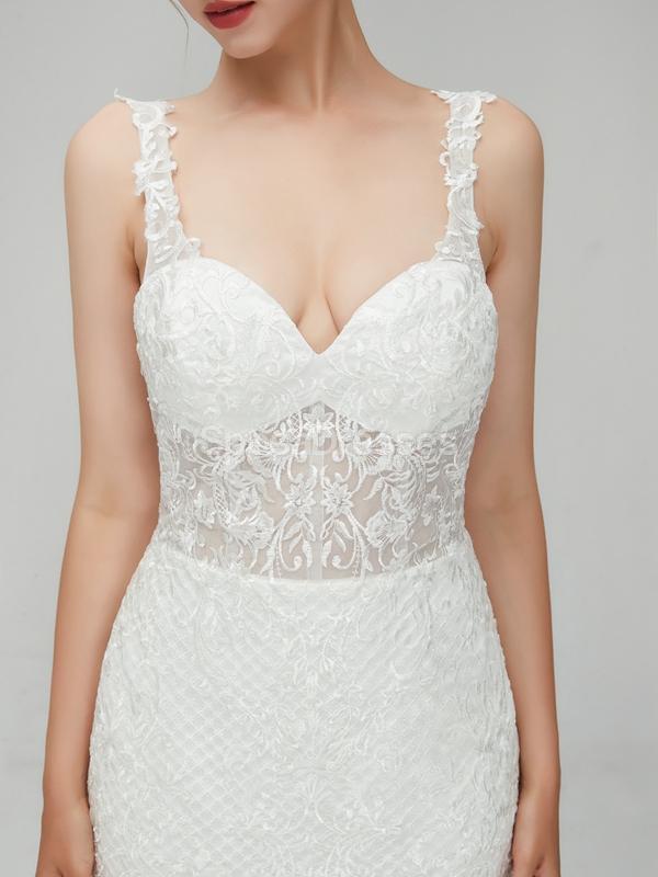 Siehe durch die Riemenschnürsenkelmeerjungfrau preiswerte Hochzeitskleider einzigartige Online-Brautkleider, WD558