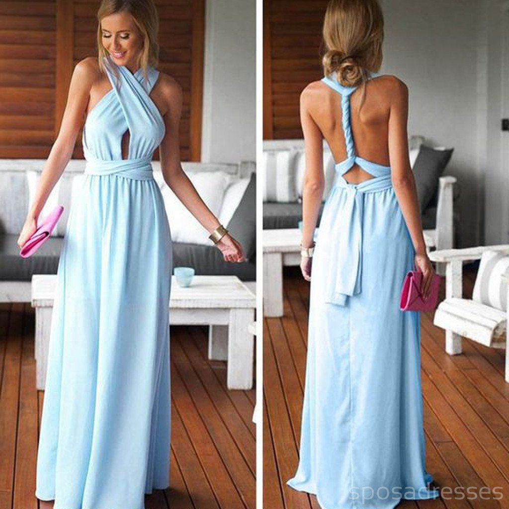 Vestidos de dama de honra longos azuis conversíveis simples baratos para a festa de casamento na praia do verão, WG59