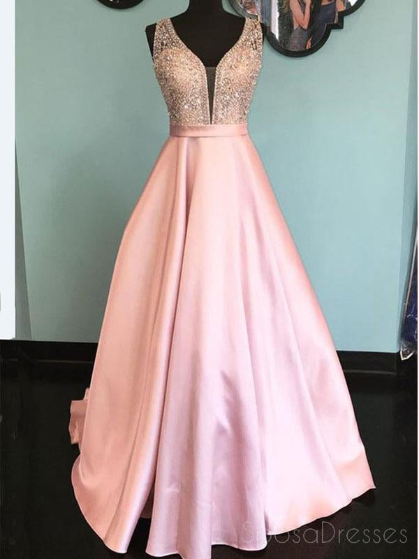 V Neck Pink A linha Heavliy frisada longos vestidos de baile, 17540